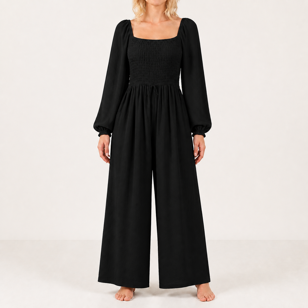 Women's square-neck smocked wide-leg jumpsuit — Black 8-Pack