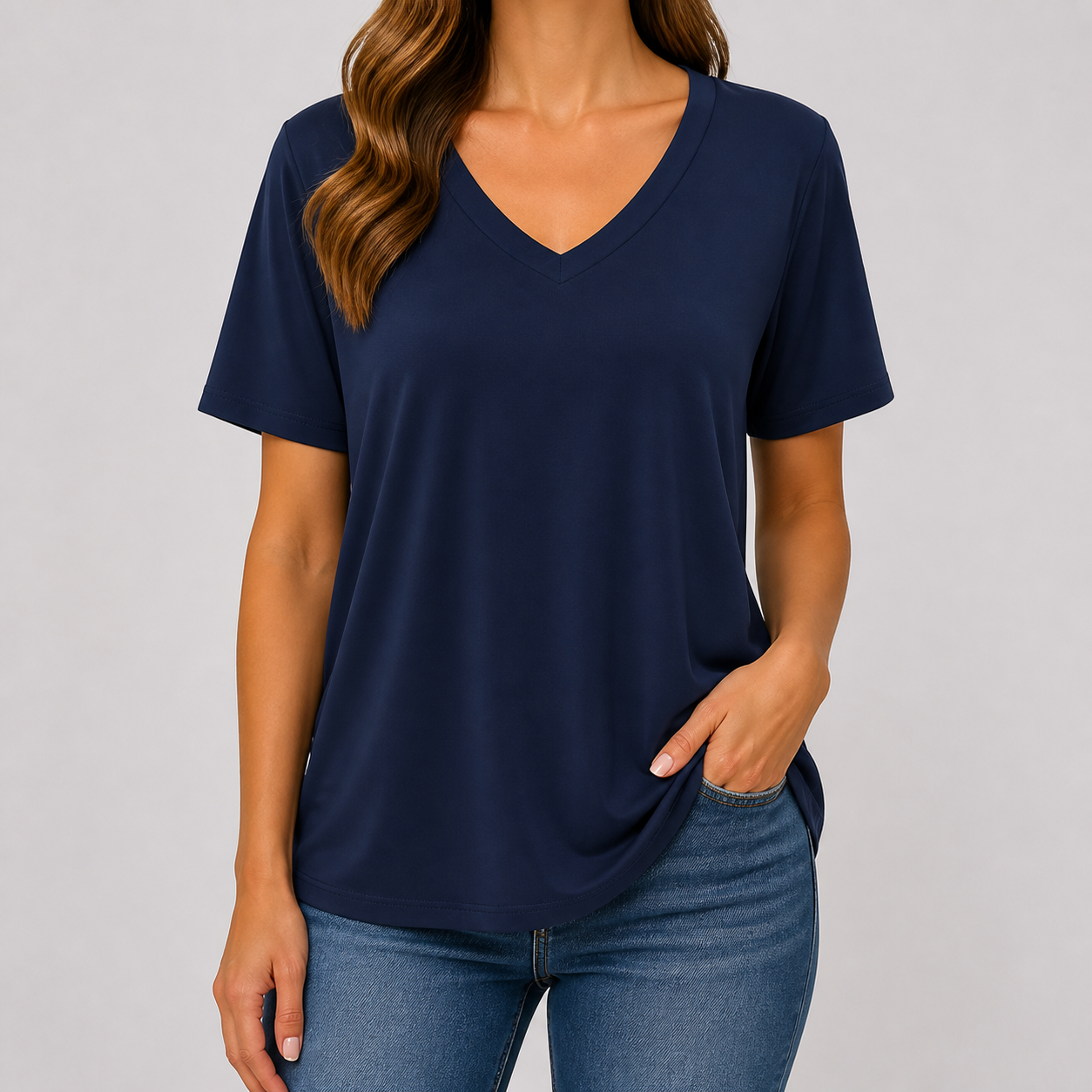 Navy Blue women's soft V-neck half-sleeve T-shirt model try-on