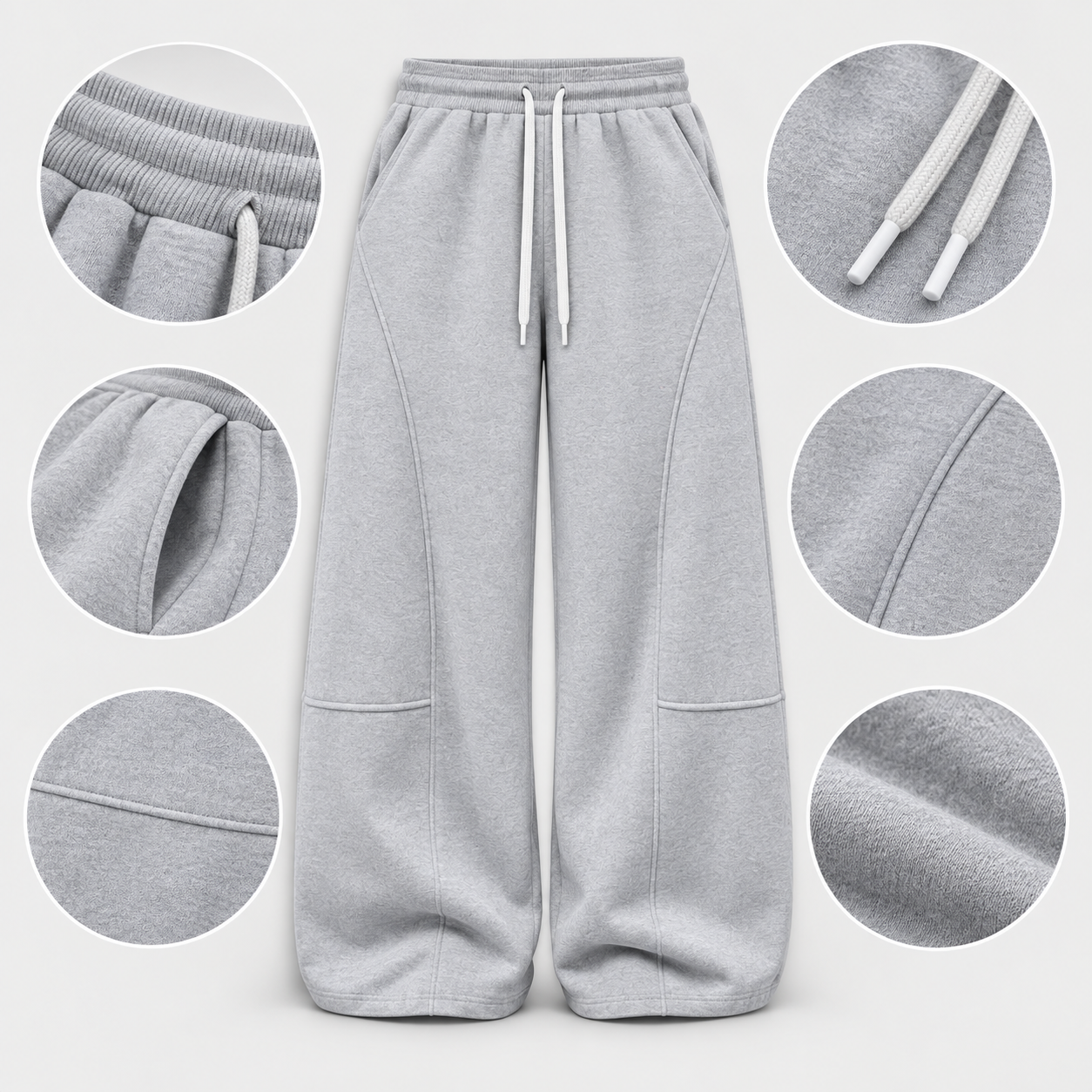 Close product detail of the elastic waist, white drawstrings, pocket openings, curved seams, and soft knit texture.