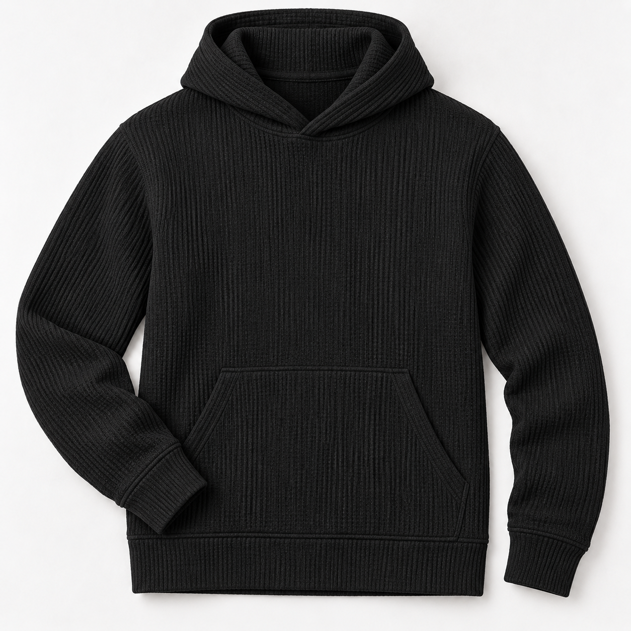 Black waffle knit hoodie construction and fabric texture