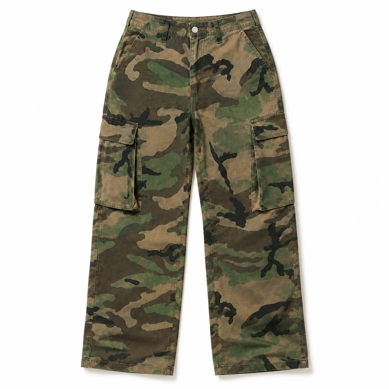 Green Woodland Camo cargo denim jeans, flat lay