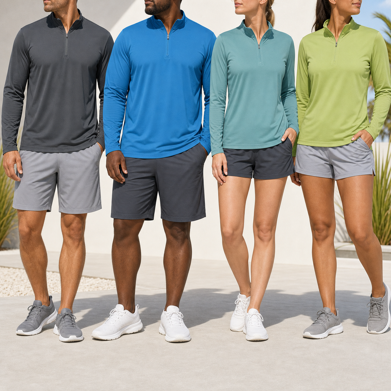 Men's 1/4 zip sun protection shirts group photo in dark grey blue cyan and light green