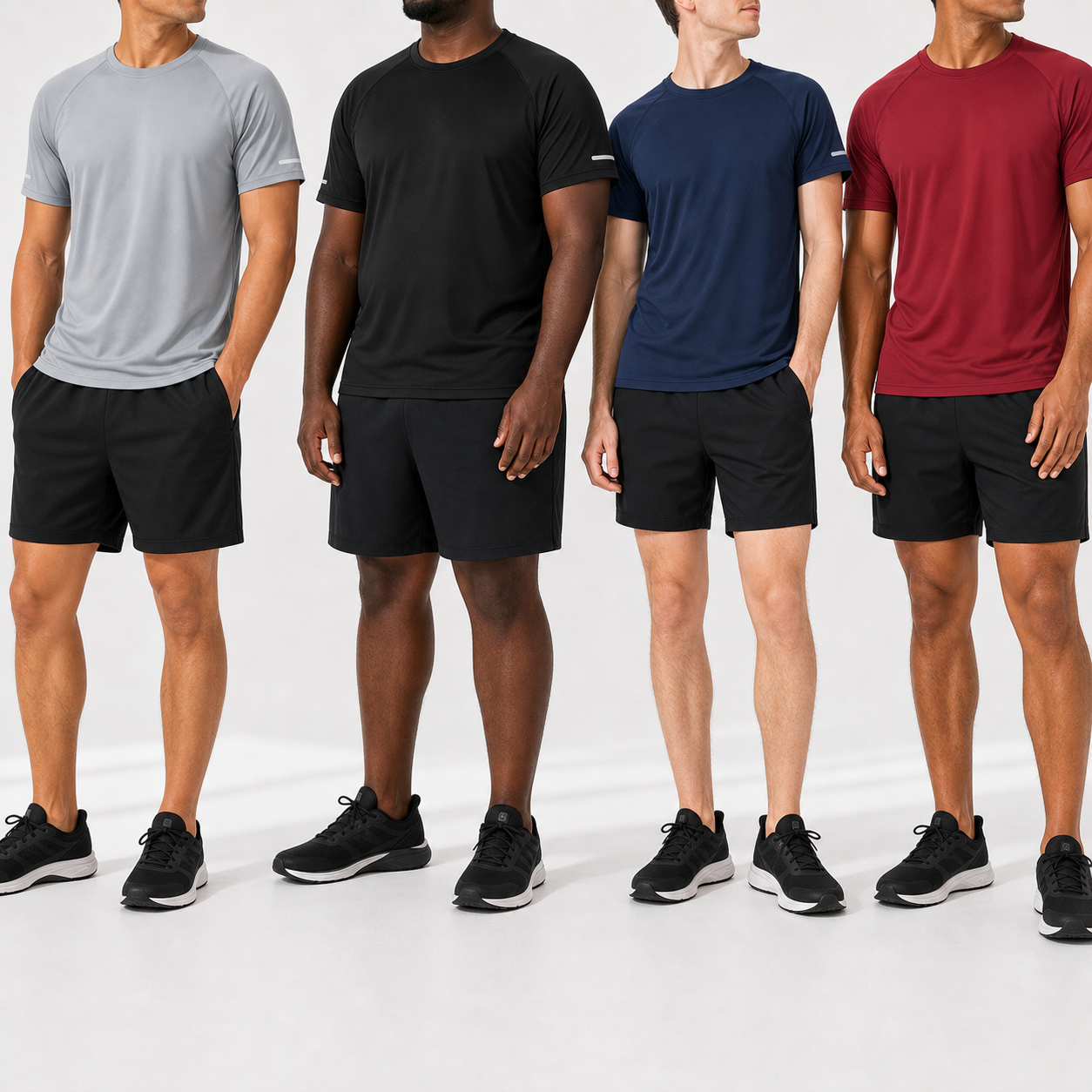 Men's reflective athletic tee group photo in core colors