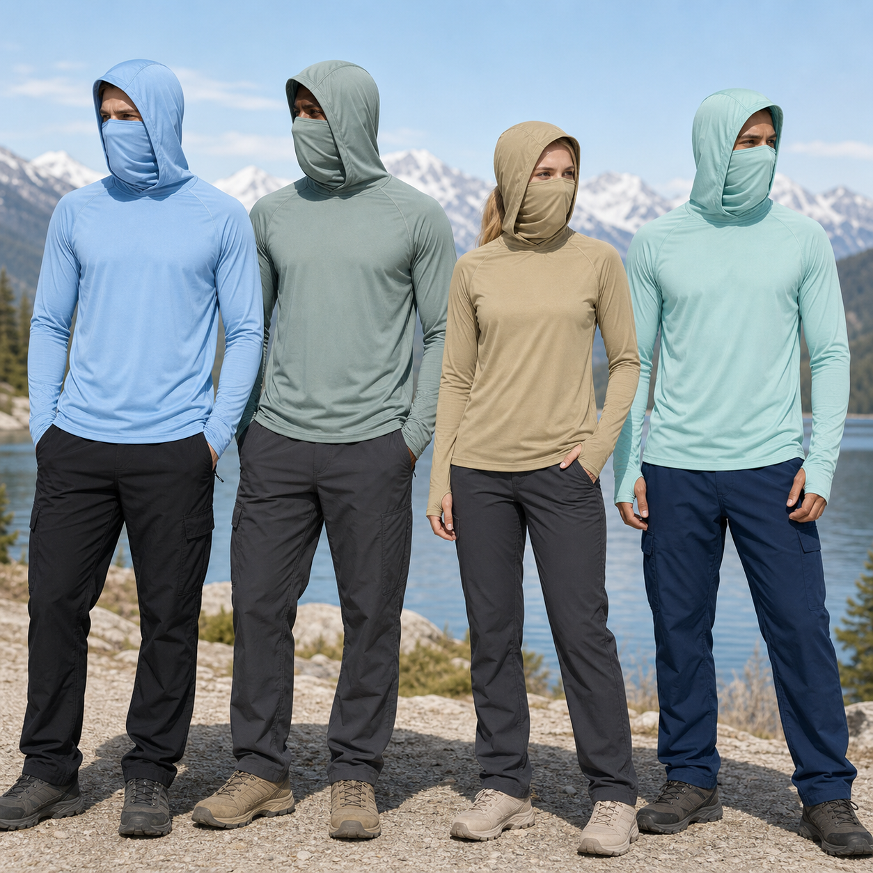 Men's hooded sun shirt group photo in light colors