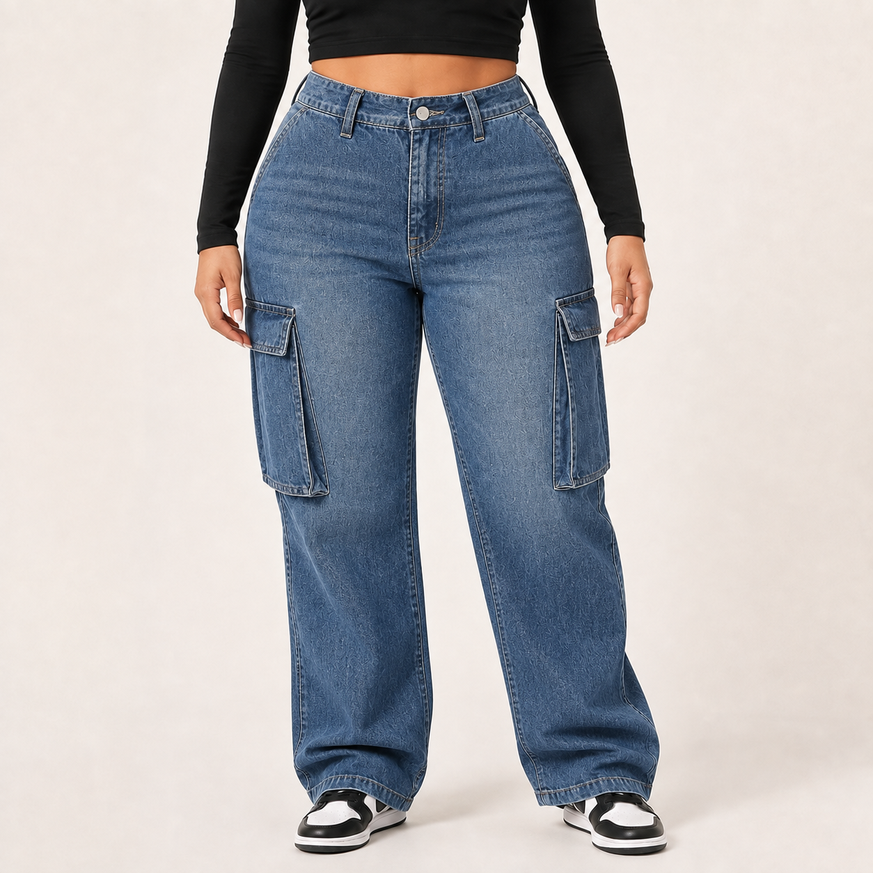 Women's Vintage Blue high-rise cargo denim jeans, front view