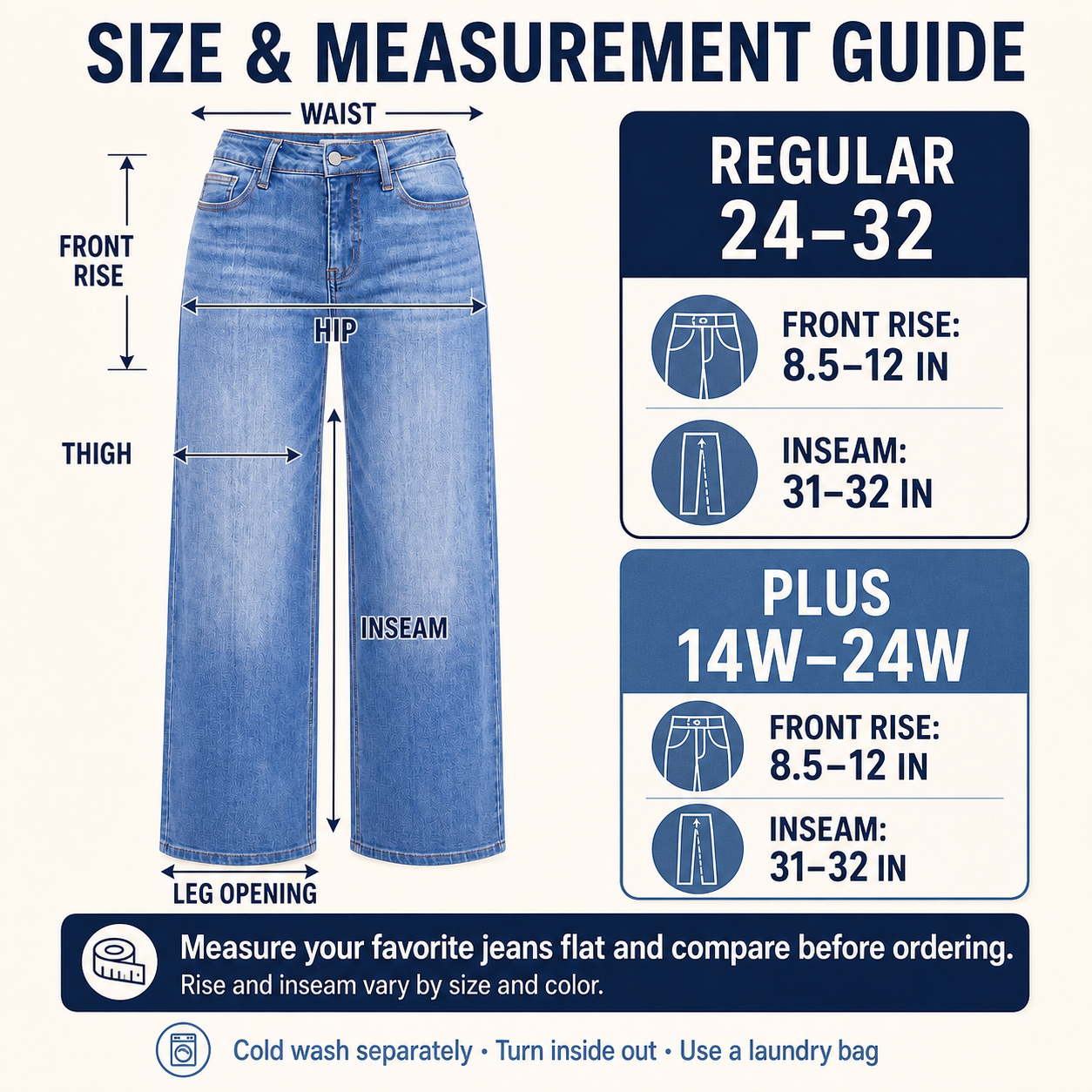 Women's stretch wide-leg jeans size and measurement guide