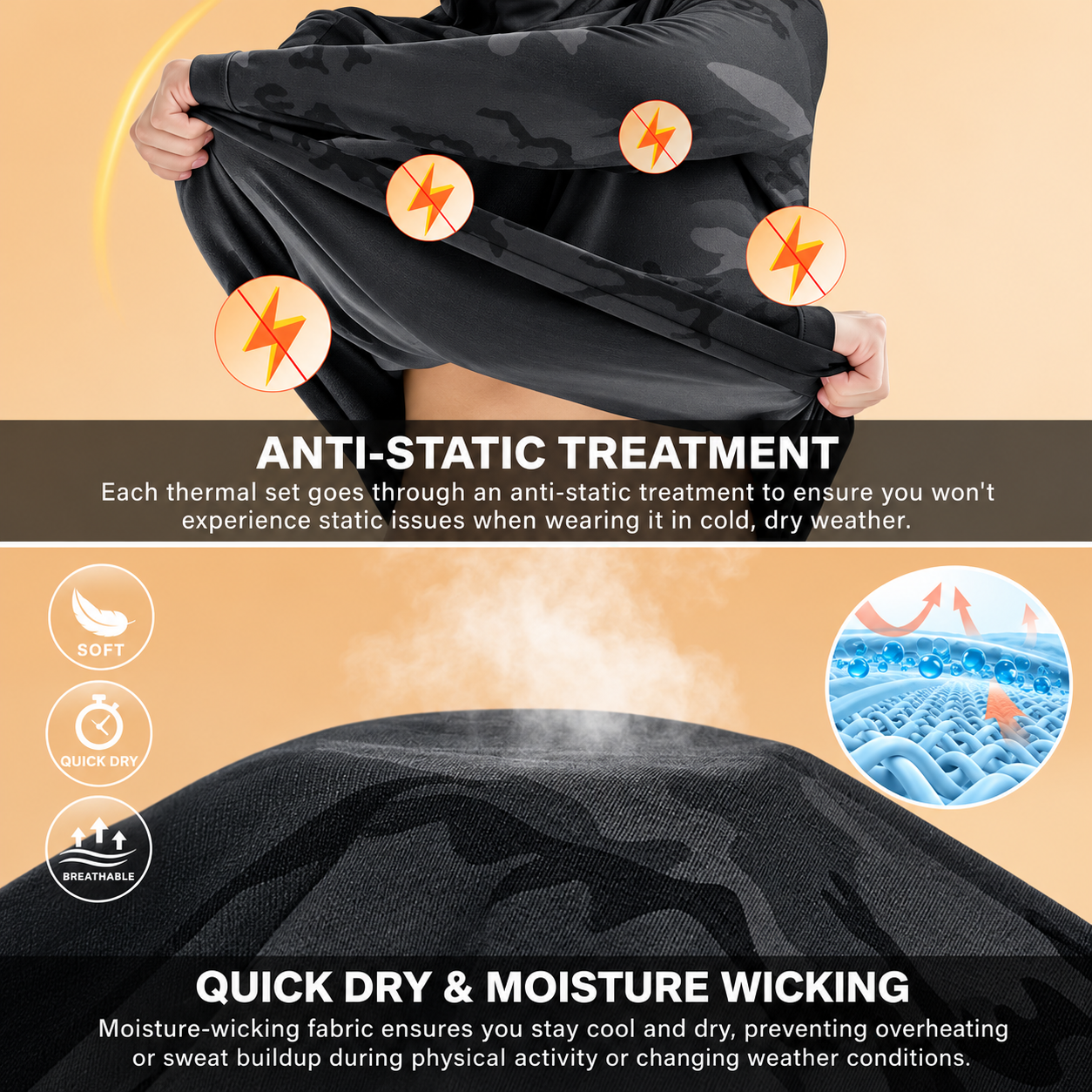 Men’s thermal top and bottom set - anti-static and moisture management diagram