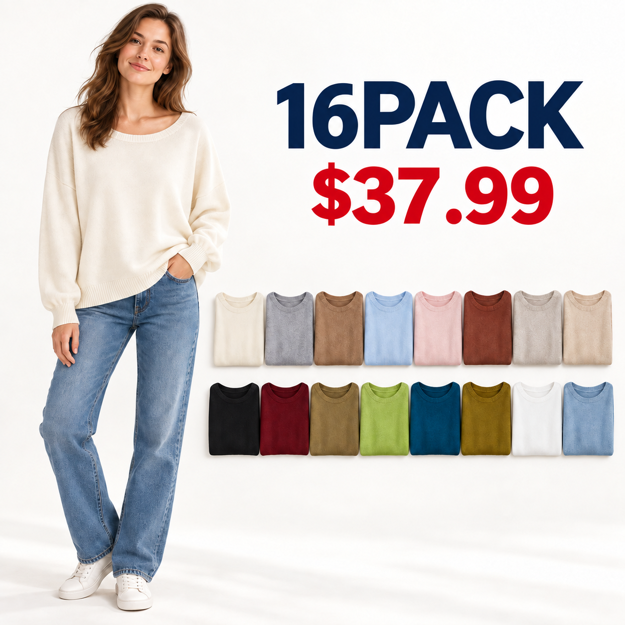 16PACK assorted women’s scoop-neck sweaters in all 16 locked colors at $37.99
