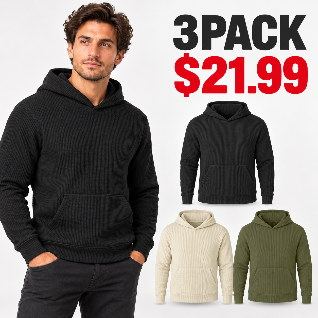Black Olive and Natural men's waffle knit hoodie 3PACK