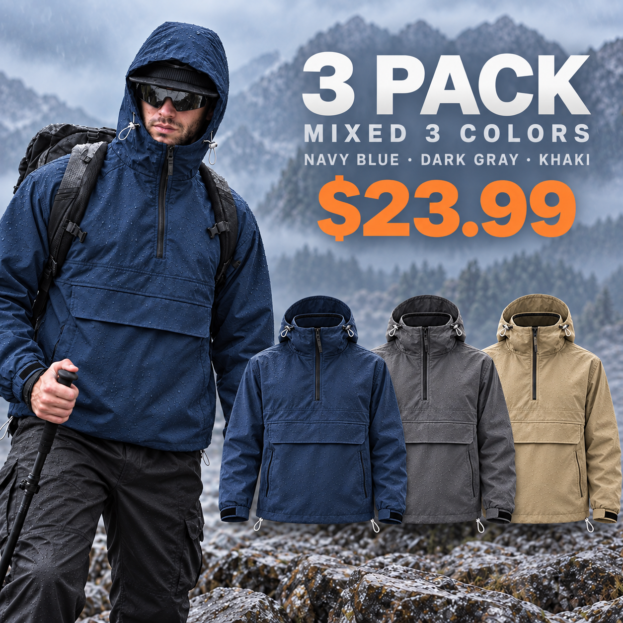Regular 3 Pack in Navy Blue Dark Gray and Khaki