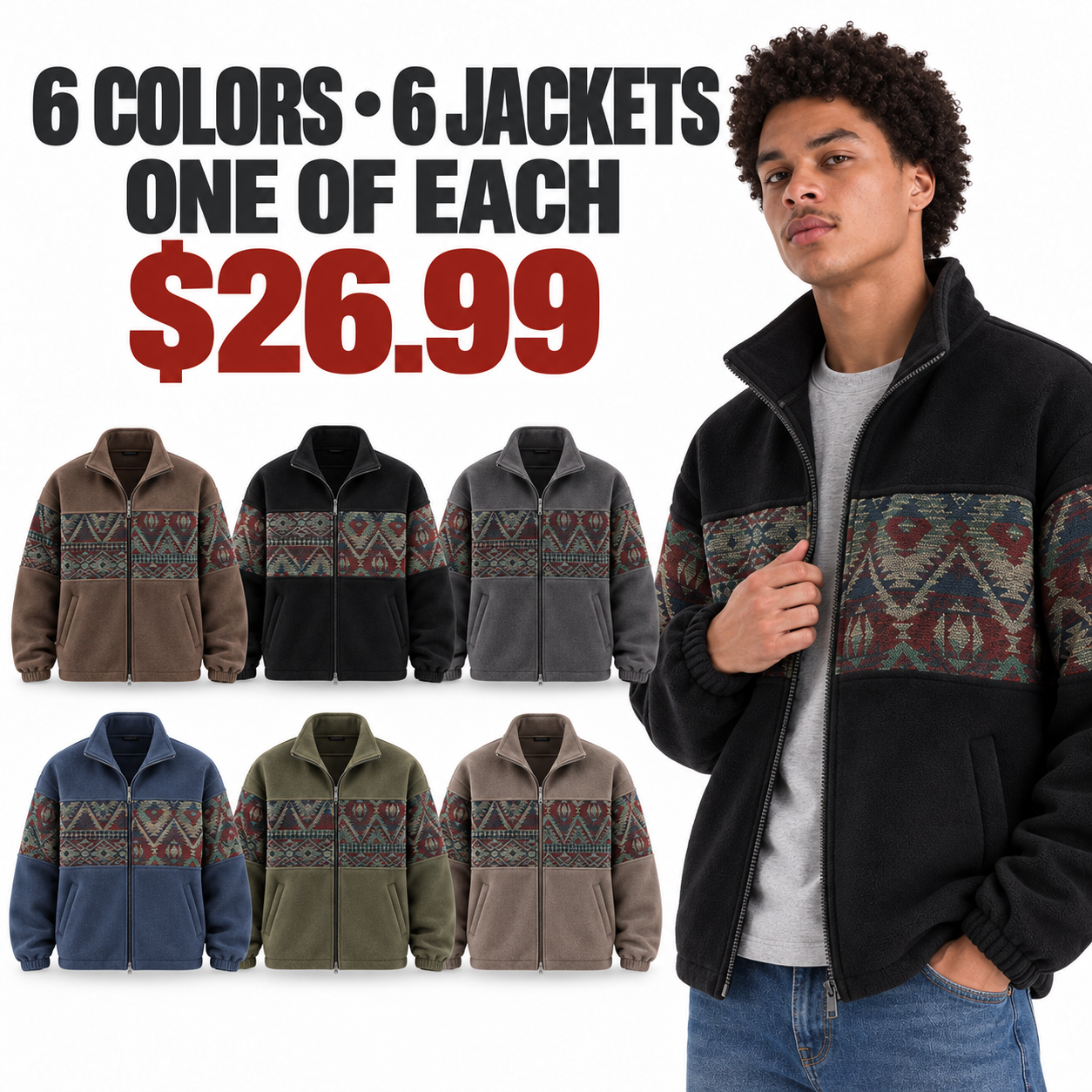 Six-color jacket pack containing Brown Black Charcoal Muted Navy Olive and Taupe