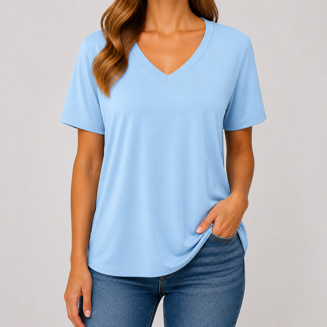 Light Blue women's soft V-neck half-sleeve T-shirt model try-on