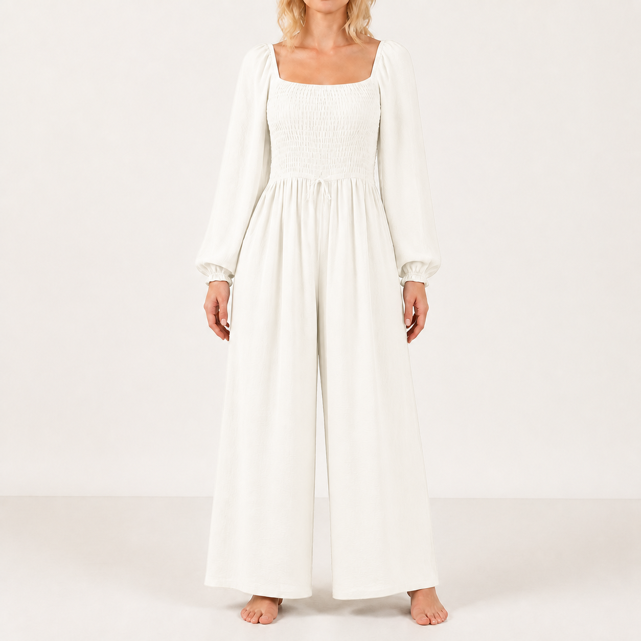 Women's square-neck smocked wide-leg jumpsuit — White 8-Pack