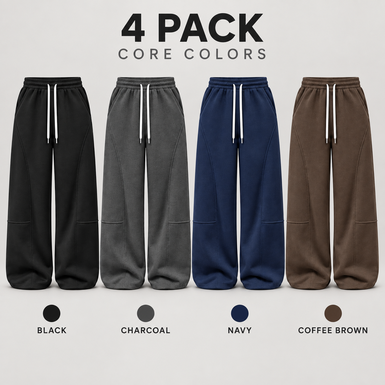 Core four-color sweatpants 4-pack in black, charcoal, navy, and coffee brown.