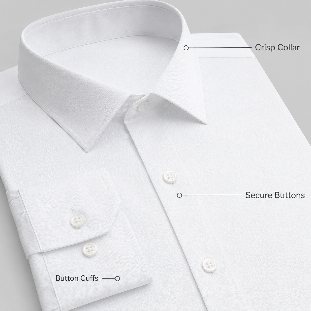 Crisp collar secure buttons and button cuffs detail