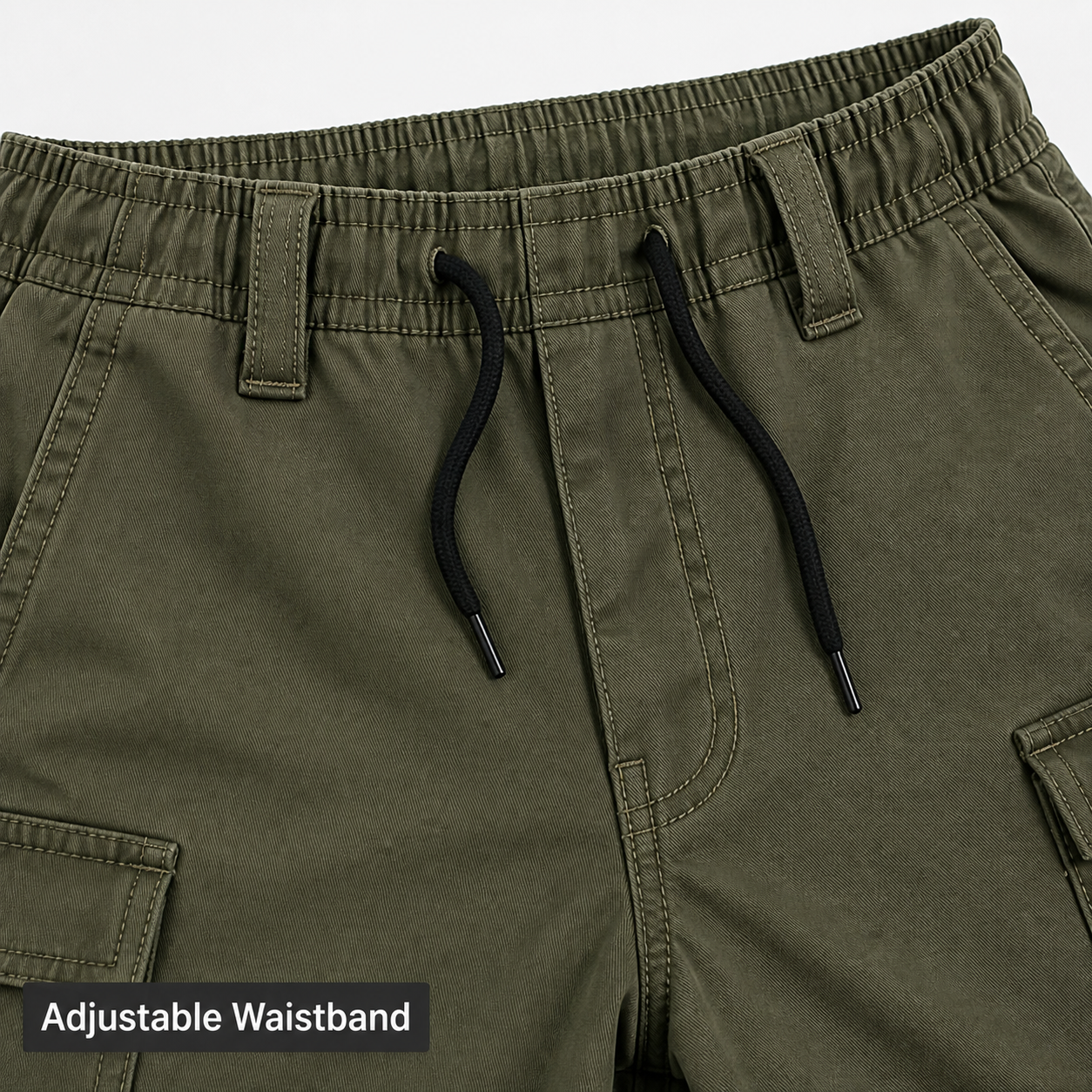 Waistband stitching and hem detail on cargo pants
