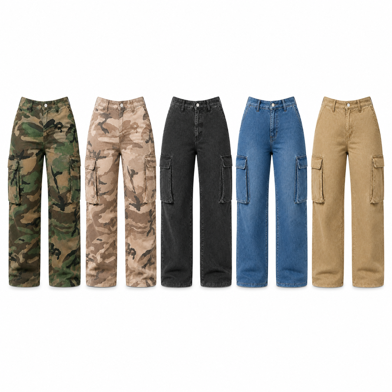 Five cargo denim jeans styles: two camouflage and three solid washes