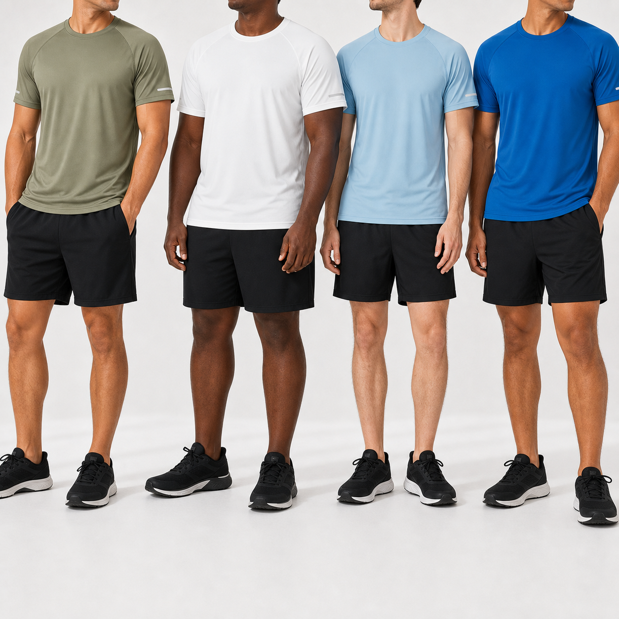 Men's reflective athletic tee group photo in summer colors