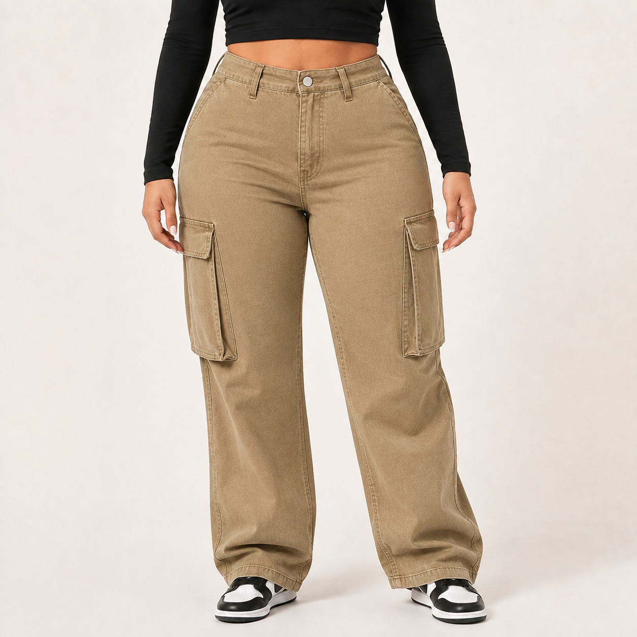 Women's Utility Khaki high-rise cargo denim jeans, front view