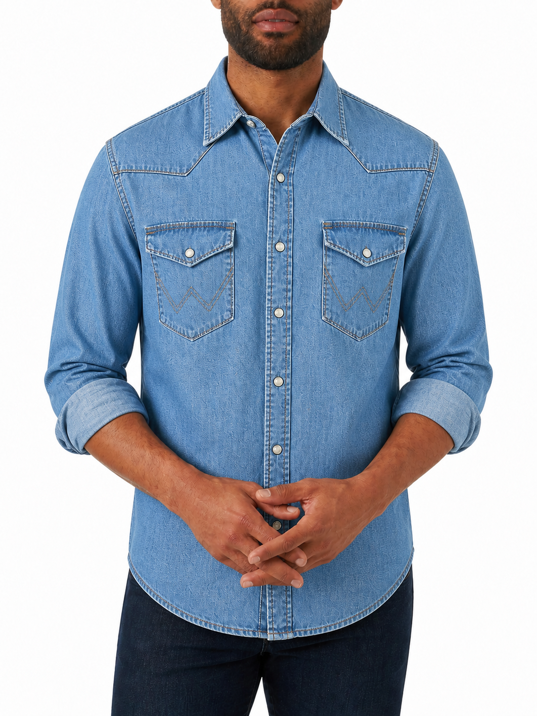 Mid Tint Denim men's western snap shirt model try-on