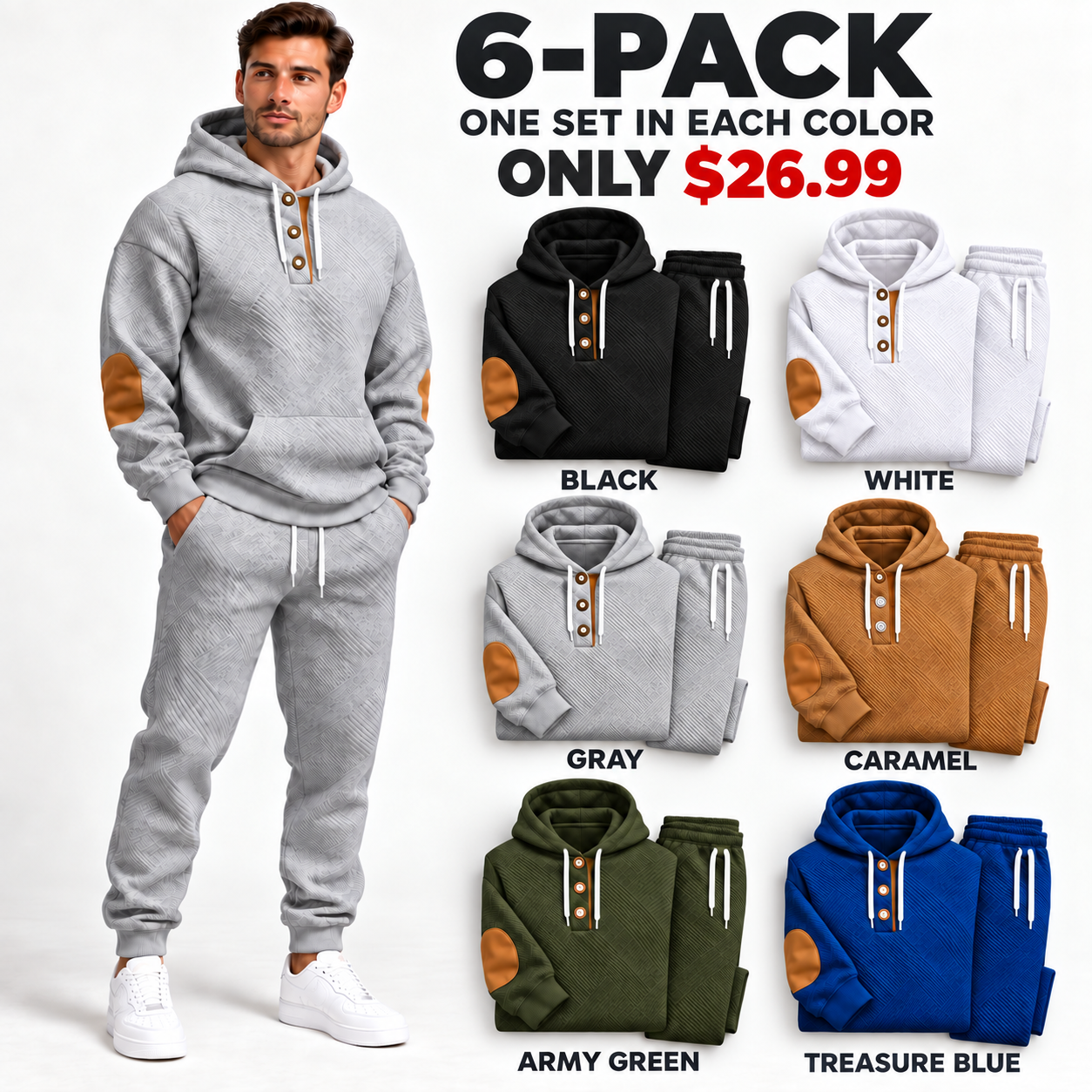 KRUIDA Men's 2-Piece Textured Hoodie Tracksuit - package 6pack