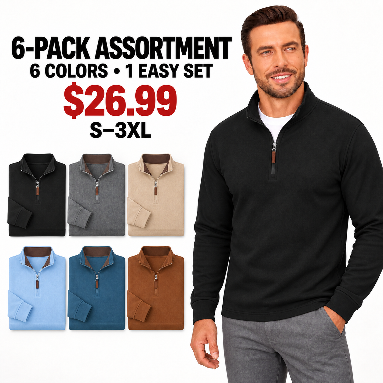 Man wearing the Solid Black quarter-zip pullover beside six folded pullovers in the locked assorted colors