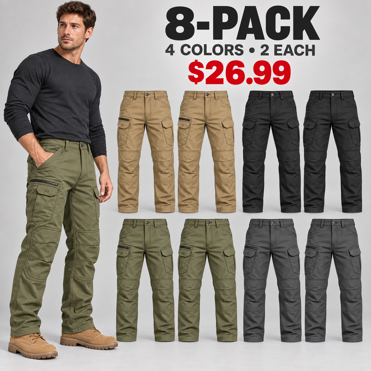 Eight-pair cargo pants pack with two of each color