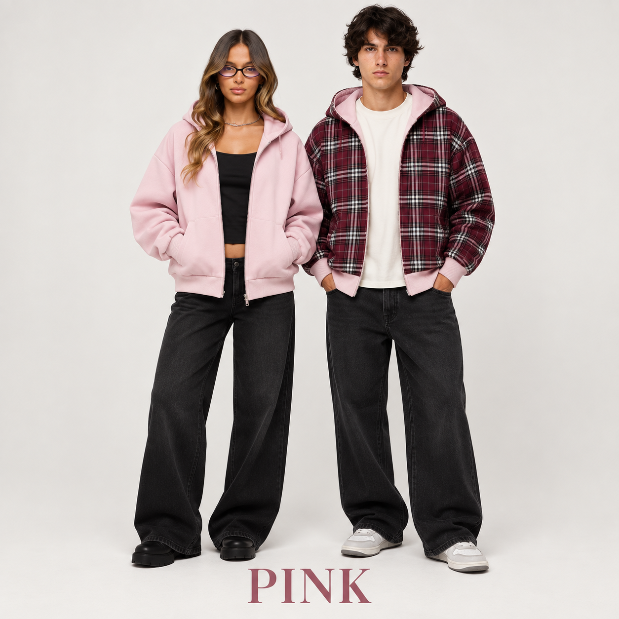 Pink reversible plaid hooded jacket modeled by women and men