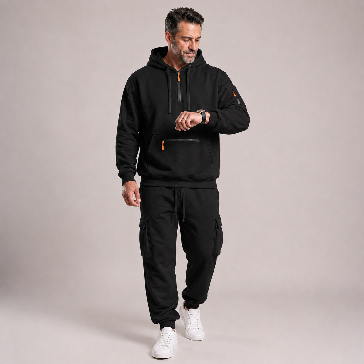 Black men's hooded quarter-zip top and cargo jogger 2-piece set