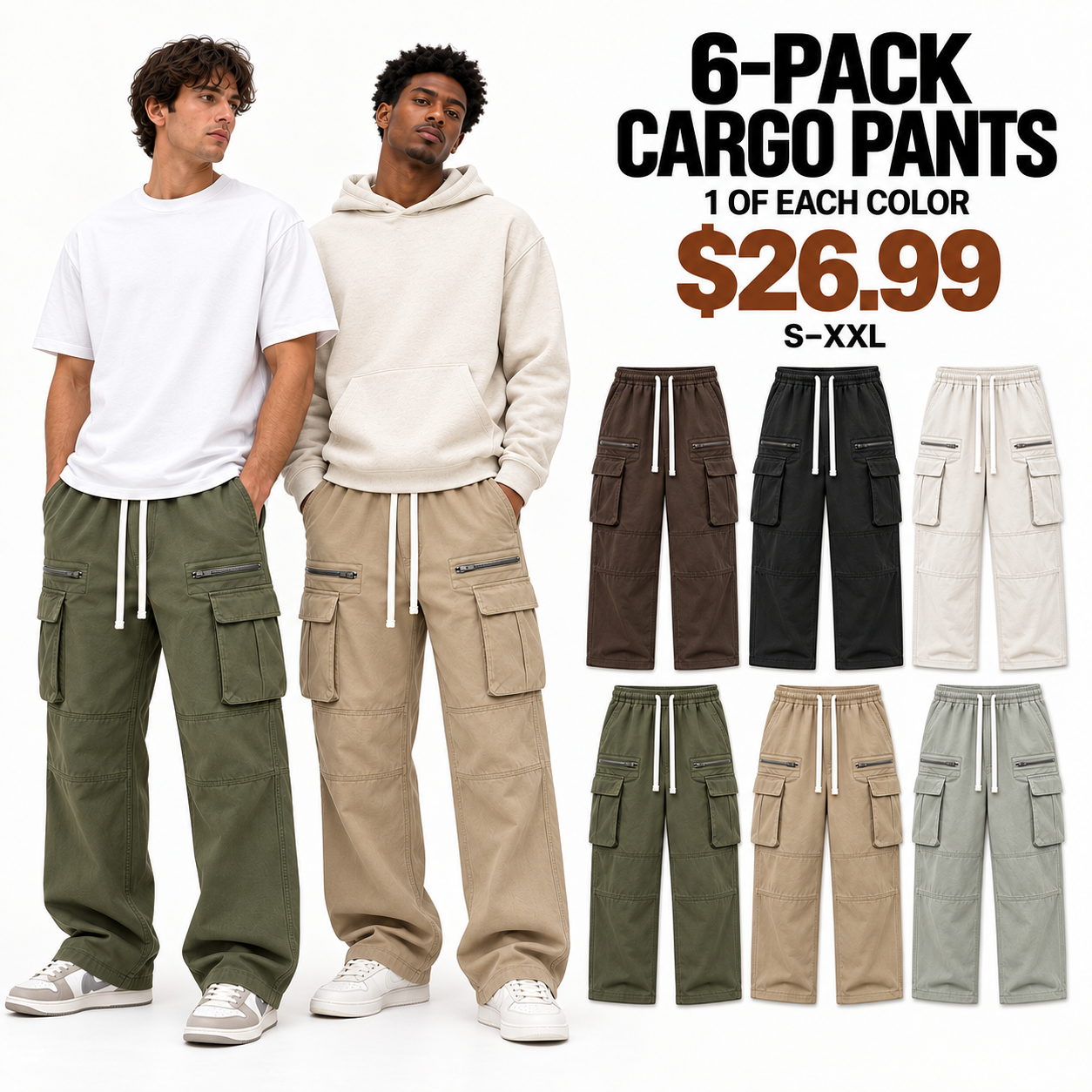 Six-pack of men's loose-fit cargo pants in six selected colors, priced at $26.99