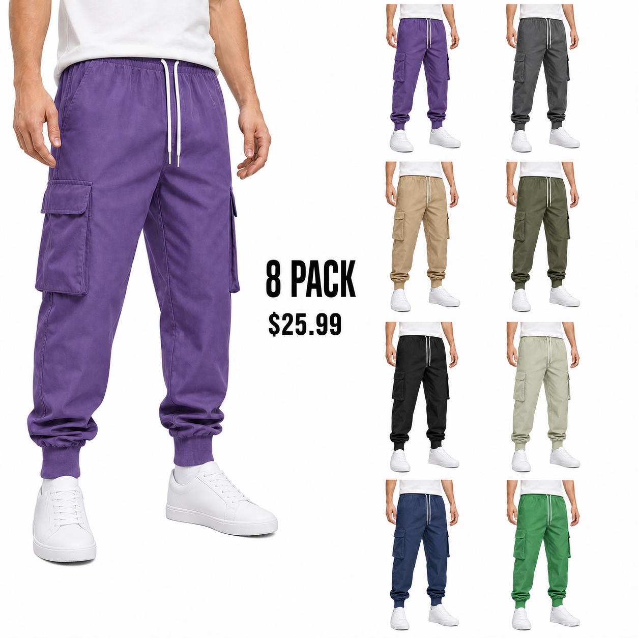 8Pack mixed eight-color cargo jogger pants package for $25.99