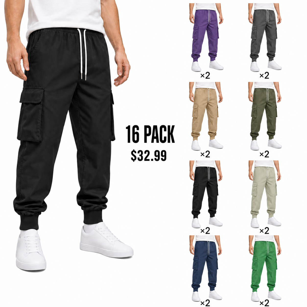16Pack cargo jogger pants package with two of each color for $32.99