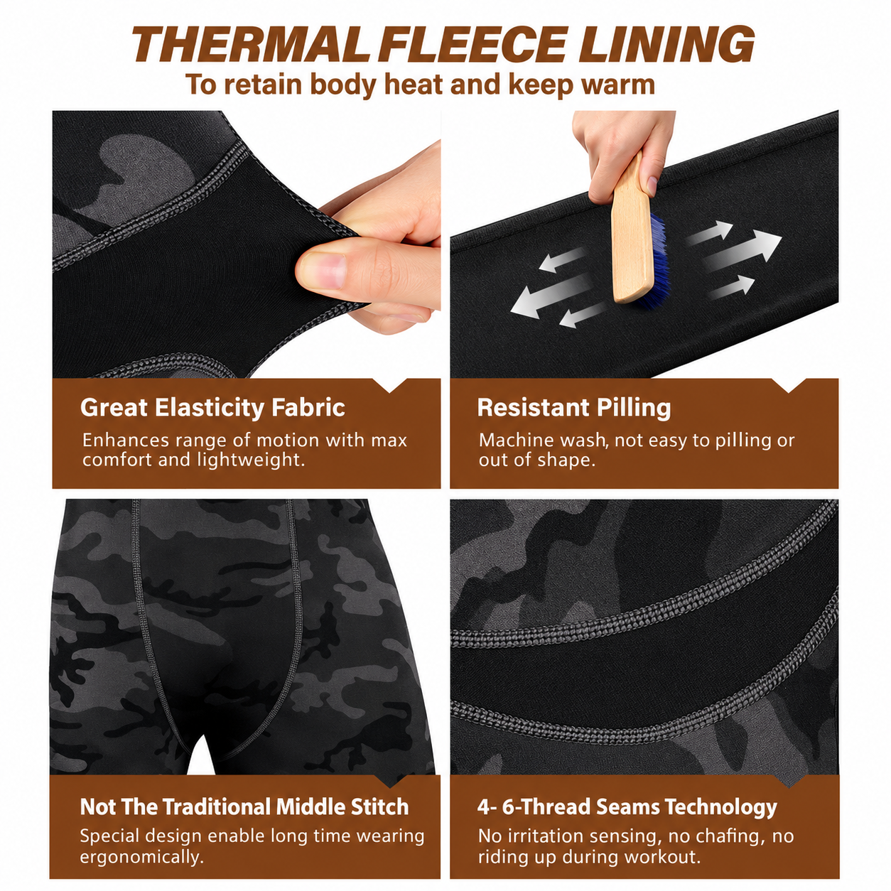 Men’s thermal top and bottom set - construction and stretch details