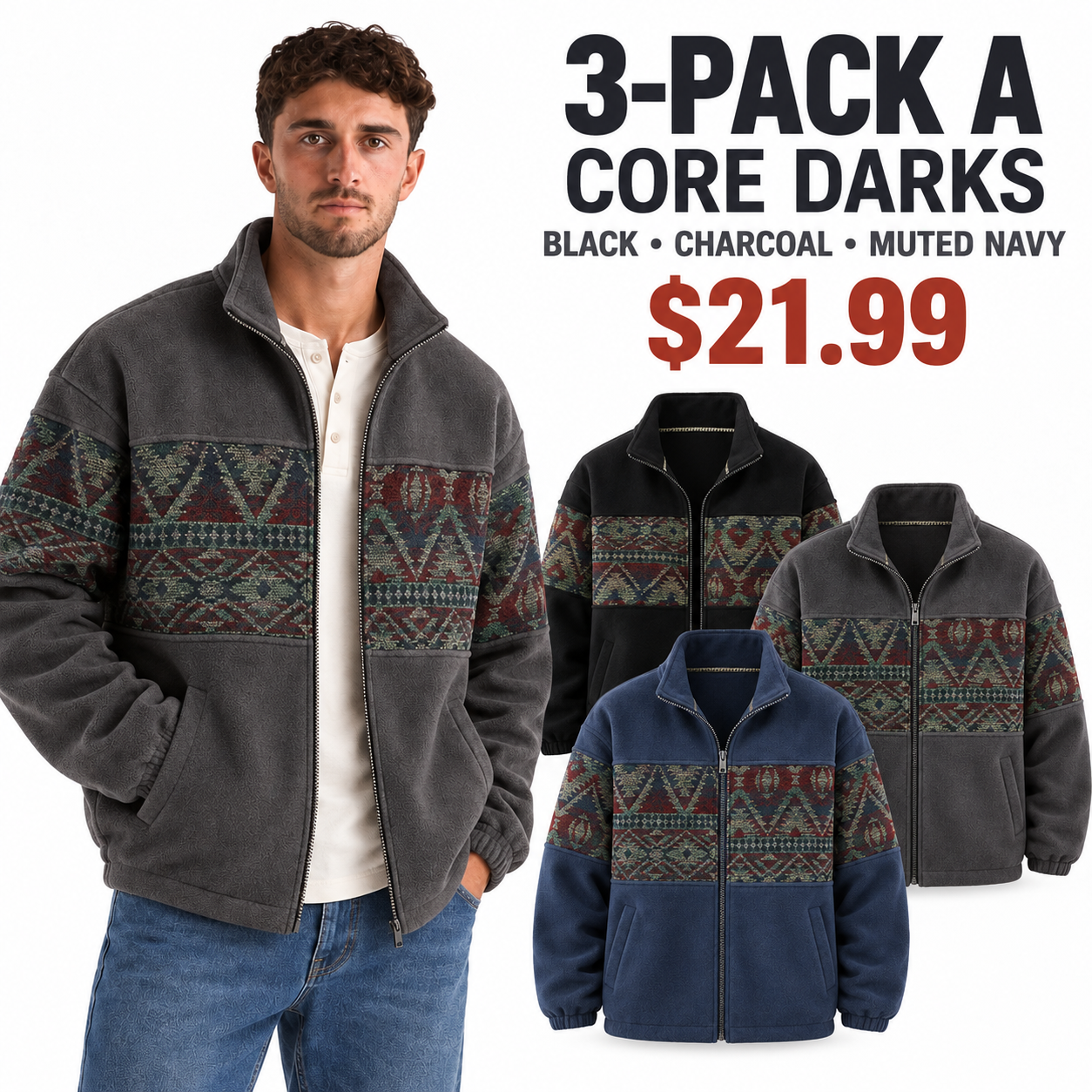 3-Pack A Core Darks in Black Charcoal and Muted Navy