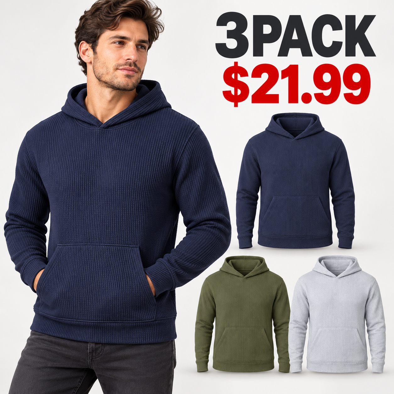 Navy Olive and Heather Grey men's waffle knit hoodie 3PACK