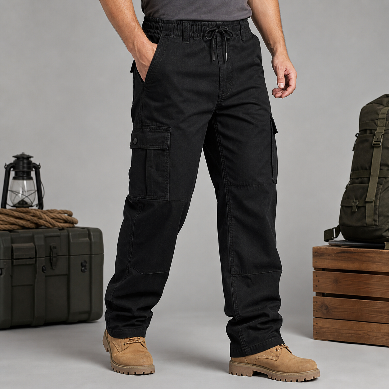 Black men's cargo work pants model photo