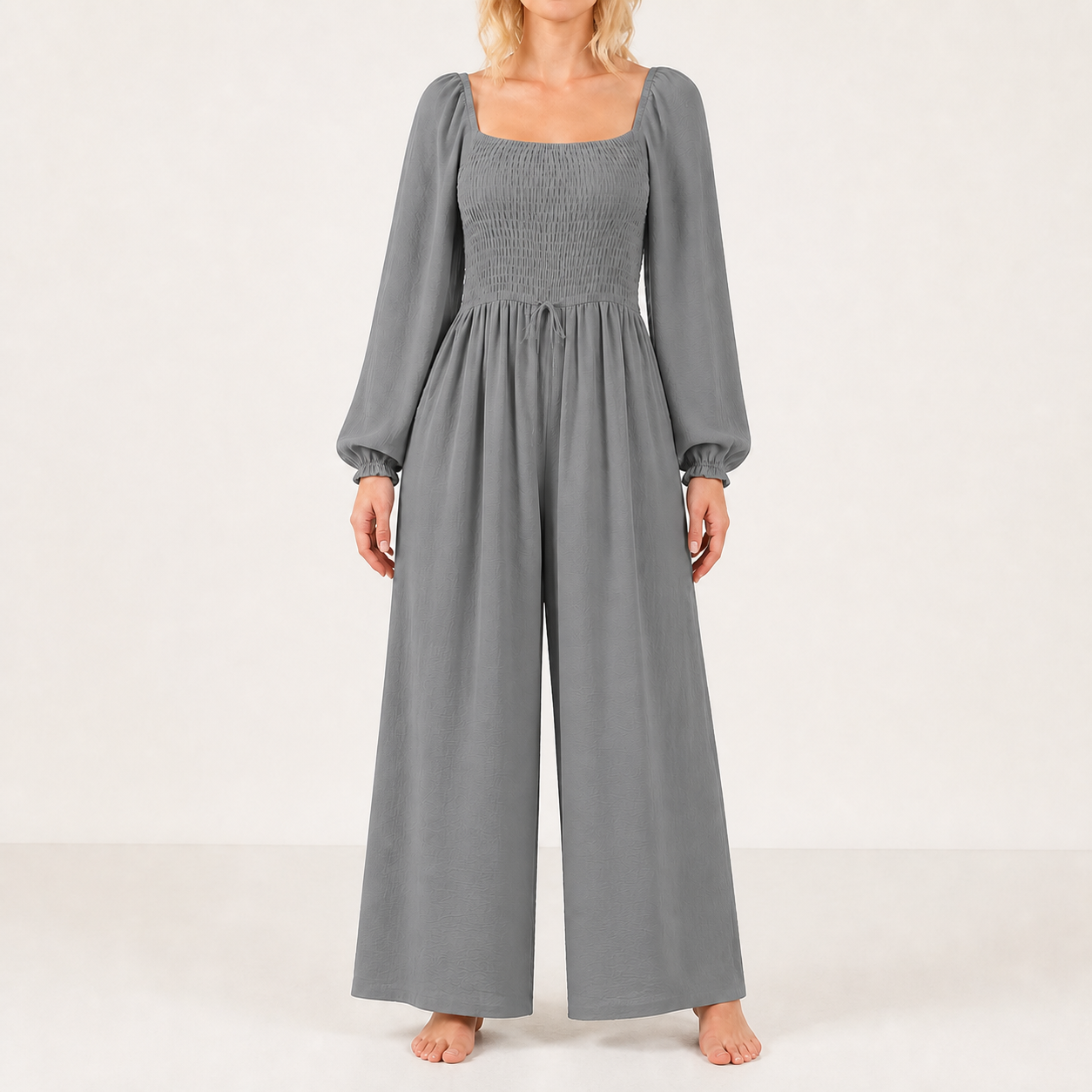 Women's square-neck smocked wide-leg jumpsuit — Gray 8-Pack