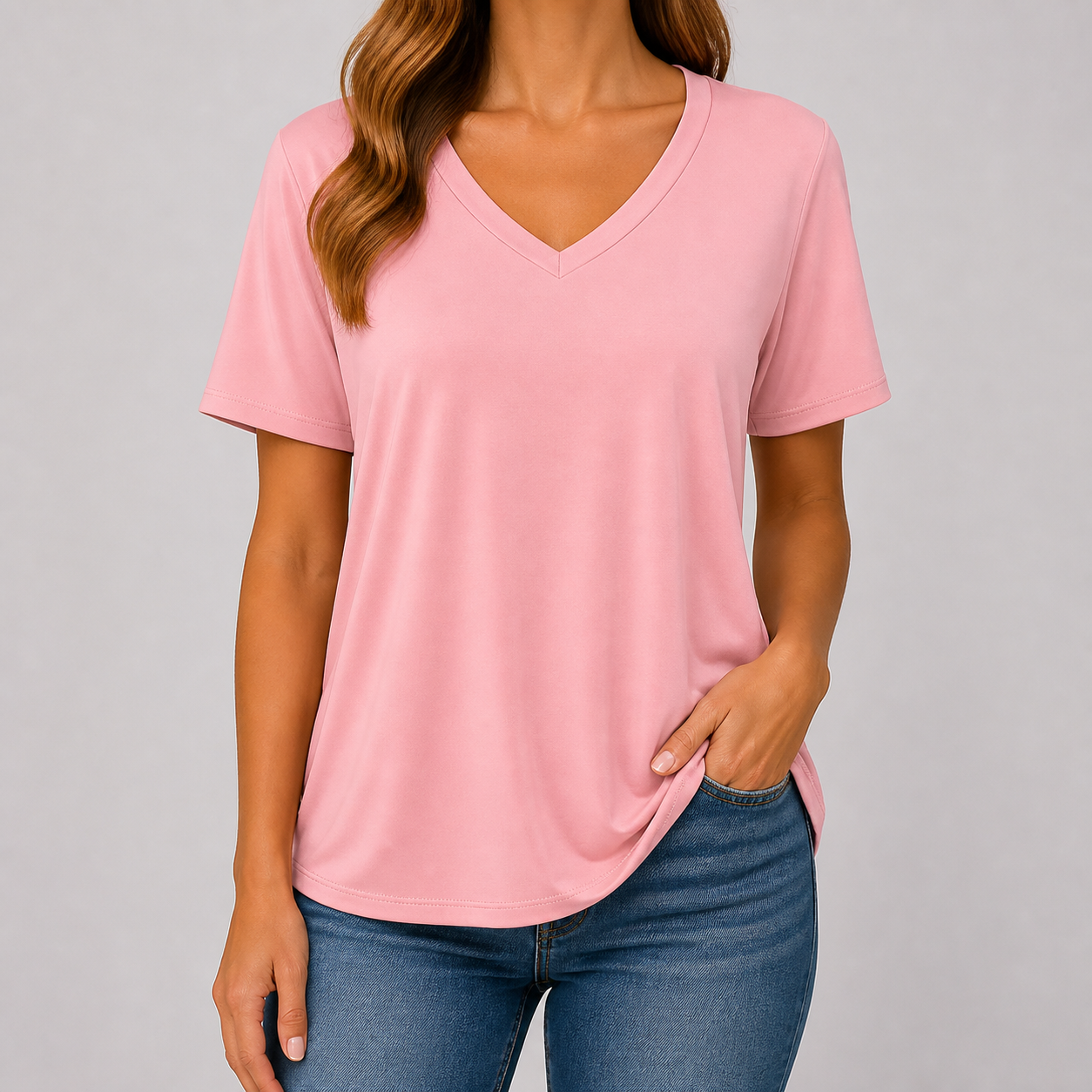 Pink women's soft V-neck half-sleeve T-shirt model try-on
