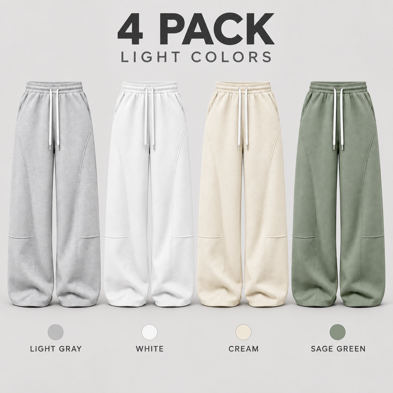 Light four-color sweatpants 4-pack in light gray, white, cream, and sage green.