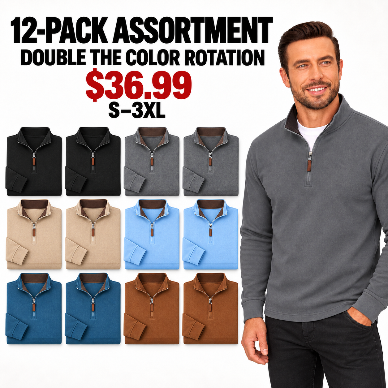 Man wearing the Dark Grey quarter-zip pullover beside twelve folded pullovers with two of each assorted color