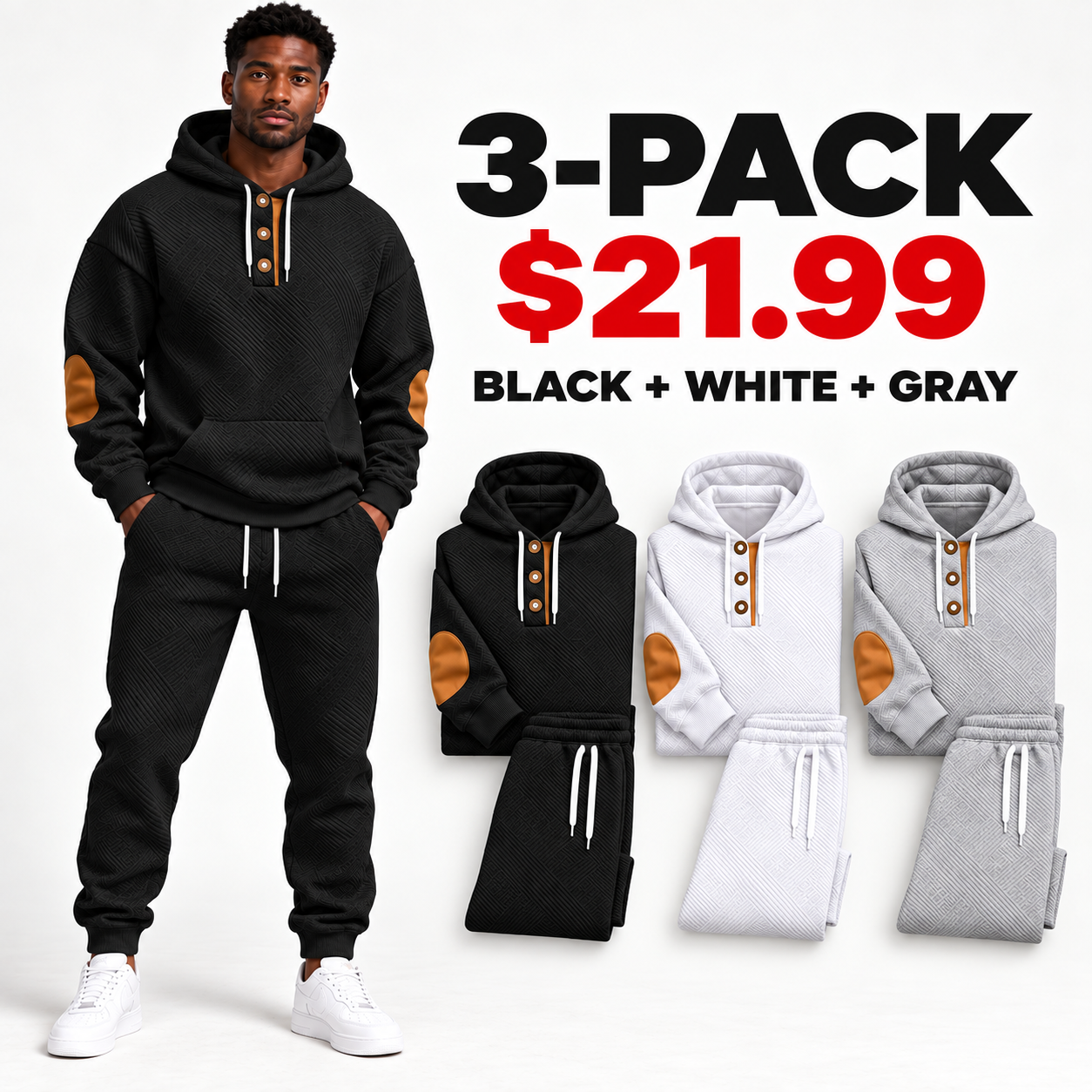 KRUIDA Men's 2-Piece Textured Hoodie Tracksuit - package 3pack neutral
