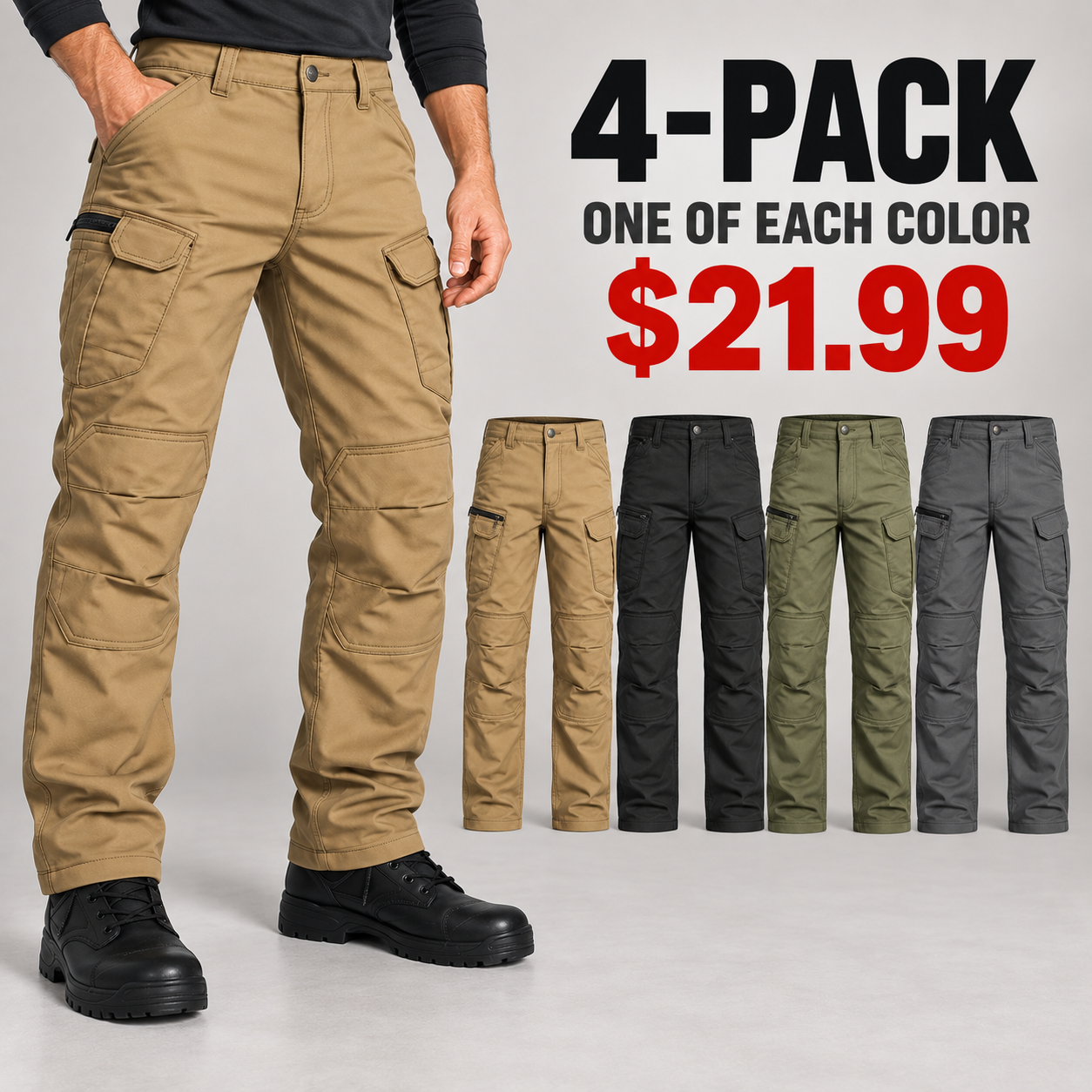 Four-pair cargo pants pack with one of each color
