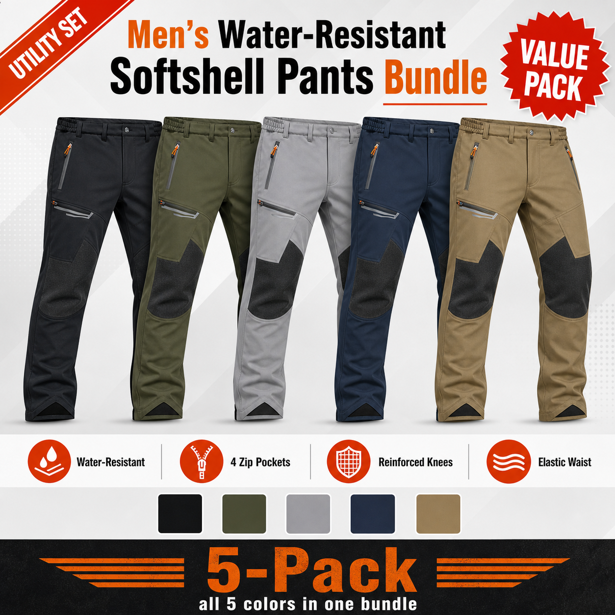 Mixed 5-Pack water-resistant softshell pants bundle