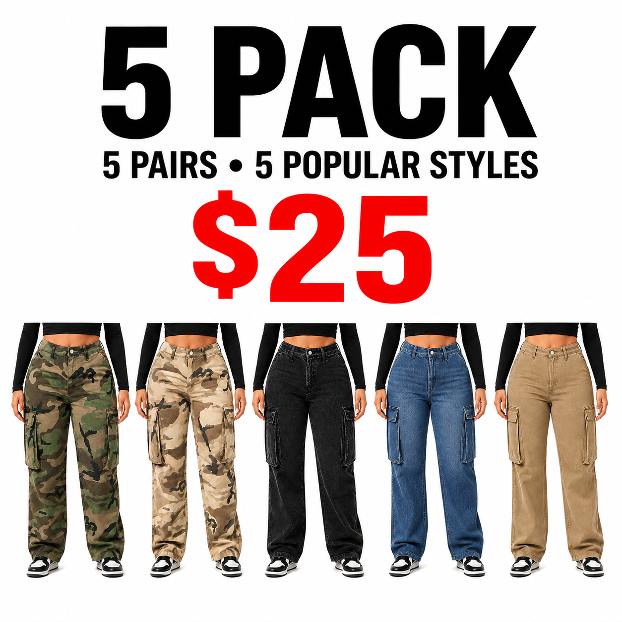 Mixed 5 Styles women's cargo denim jeans 5 Pack, $25