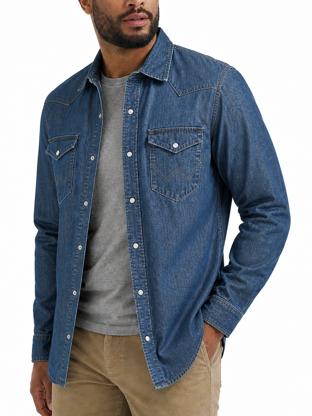 Rinse Denim men's western snap shirt model try-on