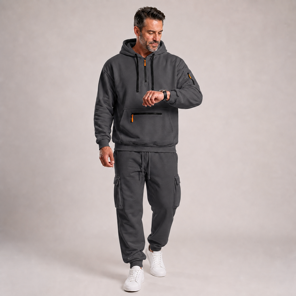 Dark Gray men's hooded quarter-zip top and cargo jogger 2-piece set