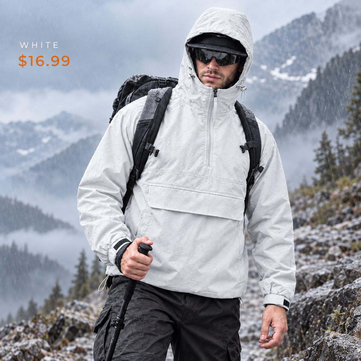 Regular single White hooded half-zip utility jacket