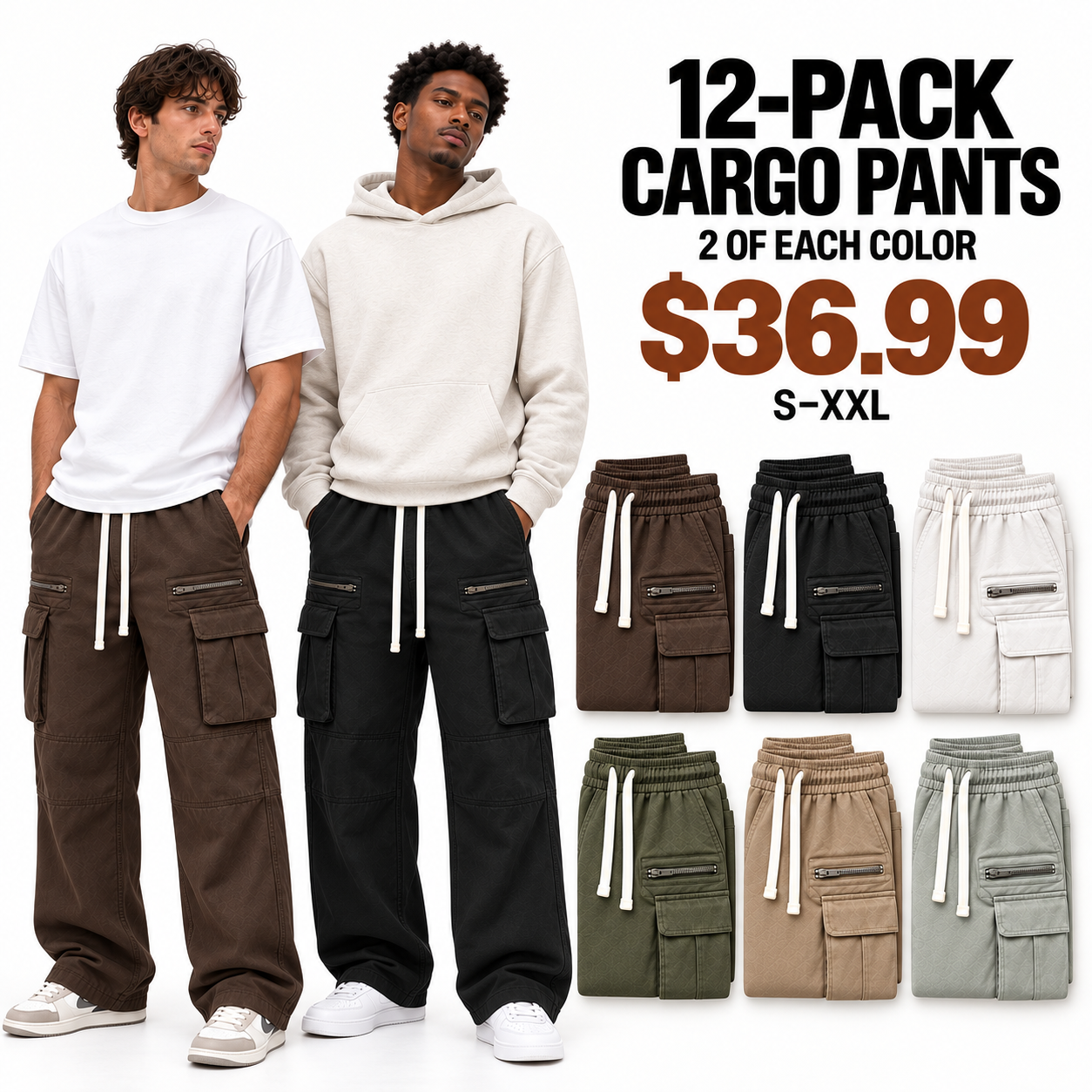 Twelve-pack of men's loose-fit cargo pants in six selected colors, priced at $36.99