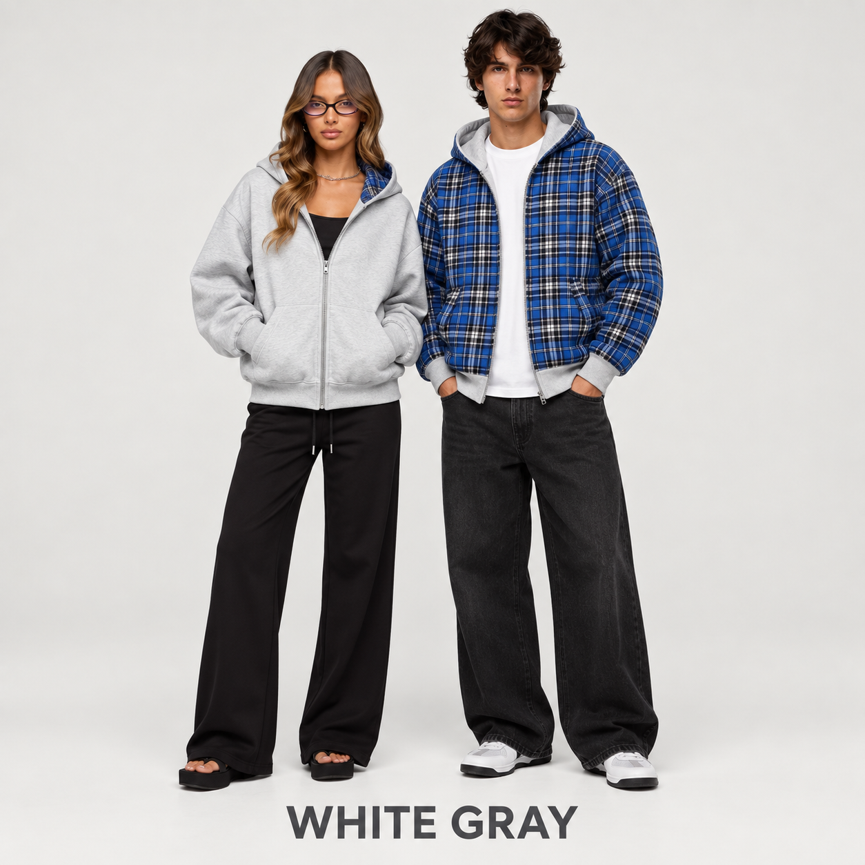 White Gray reversible plaid hooded jacket modeled by women and men