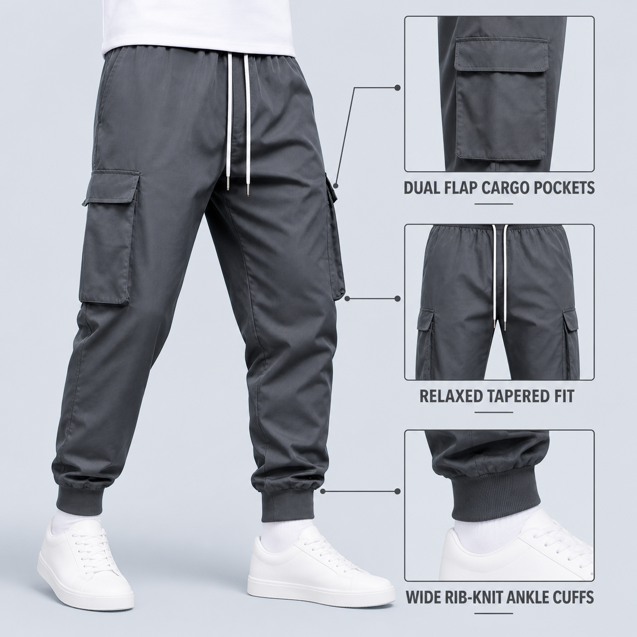 Dual flap cargo pockets, tapered fit, and rib-knit cuff details
